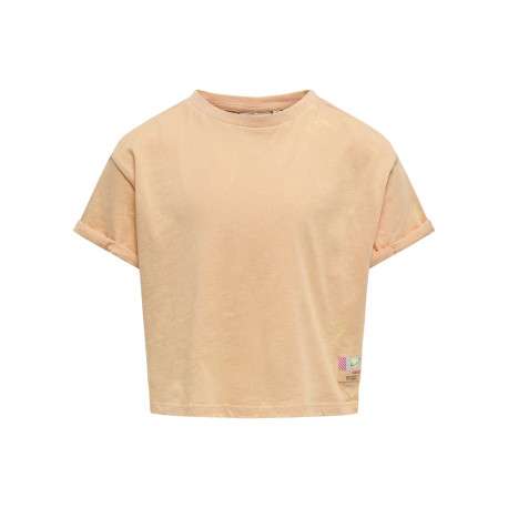 T-shirt en coton caramel délavé à coupe droite, col rond et patch