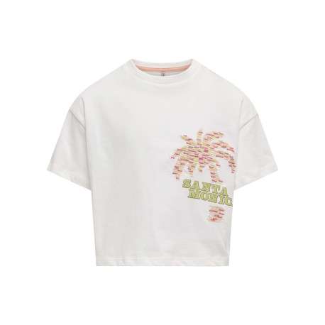 T-shirt en coton blanc à imprimé et broderie palmier, coupe droite et col rond