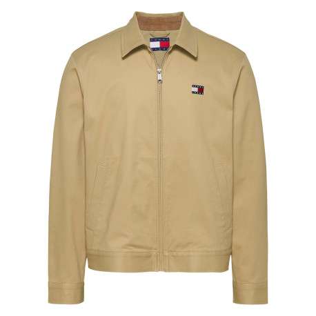 Blouson en coton biologique beige uni à coupe droite, col à revers et zippé