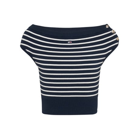 Top en coton régénératif marine rayé style marinière bardot, ajusté à col rond
