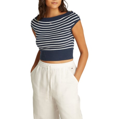 Top en coton régénératif marine rayé style marinière bardot, ajusté à col rond - Image 4