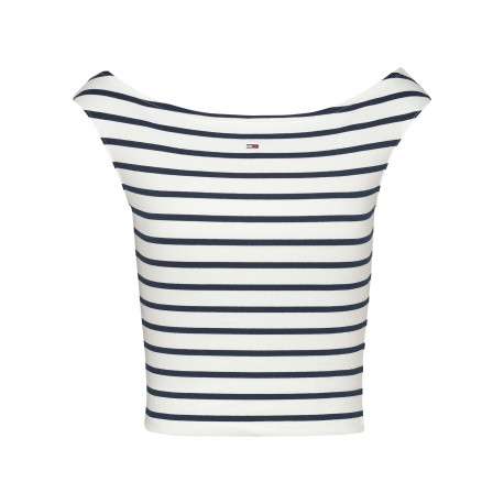 Top en coton régénératif écru rayé style marinière à coupe ajusté et col bateau