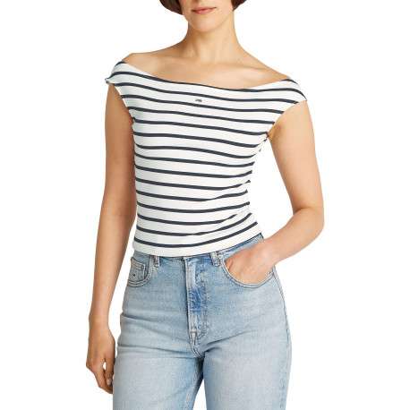 Top en coton régénératif écru rayé style marinière à coupe ajusté et col bateau - Image 4