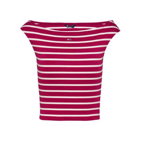Top en coton régénératif framboise rayé style marinière ajusté à col rond