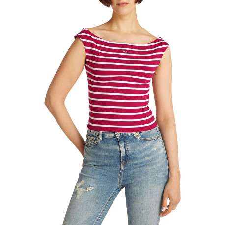 Top en coton régénératif framboise rayé style marinière ajusté à col rond - Image 4