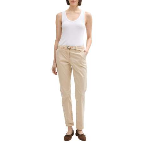 Pantalon Chino beige uni en coton mélangé avec une coupe slim et une ceinture - Image 4