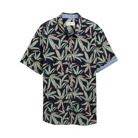 Chemise en coton marine et verte à motif floral, coupe droite et col à revers