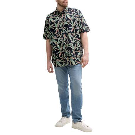 Chemise en coton marine et verte à motif floral, coupe droite et col à revers - Image 2