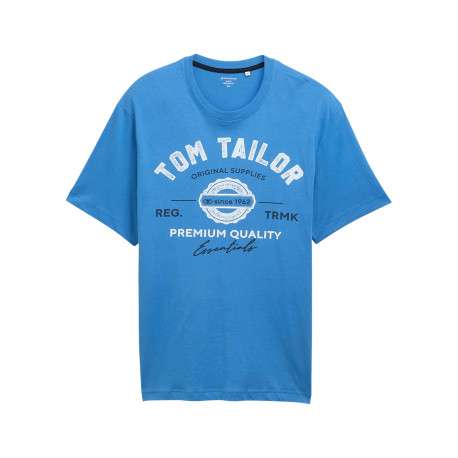 T-shirt manches courtes bleu imprimé blanc en coton à coupe droite et col rond