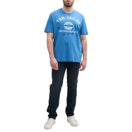 T-shirt manches courtes bleu imprimé blanc en coton à coupe droite et col rond - Image 2