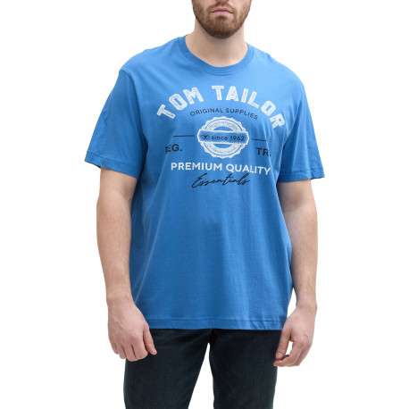 T-shirt manches courtes bleu imprimé blanc en coton à coupe droite et col rond - Image 3