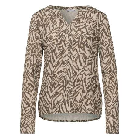 T-shirt beige zébré avec une coupe droite, col v et à manches longues