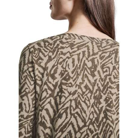 T-shirt beige zébré avec une coupe droite, col v et à manches longues - Image 2