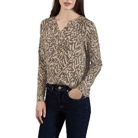 T-shirt beige zébré avec une coupe droite, col v et à manches longues - Image 4