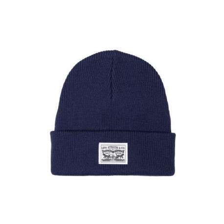 Bonnet en coton marine uni avec patch sur le revers au nom de la marque