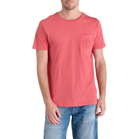 T-shirt en coton rouge uni à coupe droite et à col rond avec une poche