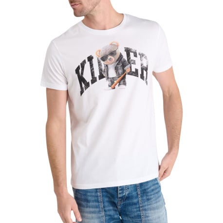 T-shirt en coton blanc imprimé à la poitrine avec un col rond