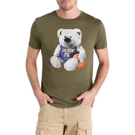 T-shirt en coton kaki avec un grand imprimé à l'avant et une coupe ajustée
