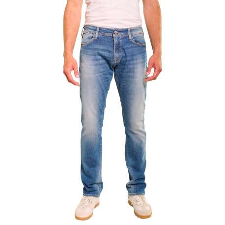Jean en coton bleu stone délavé aux cuisses avec une coupe slim fit