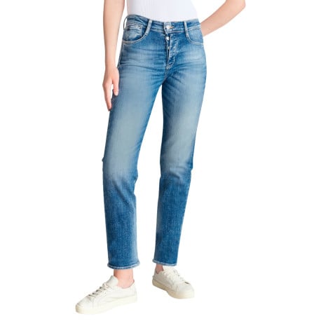 Jean en coton bleu délavé aux cuisses avec une coupe mom et une taille haute - Image 3