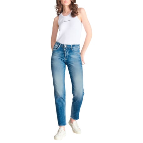 Jean en coton bleu délavé aux cuisses avec une coupe mom et une taille haute - Image 4