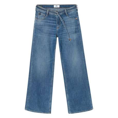 Jean en coton bleu stone uni avec une coupe large et une ceinture à la taille