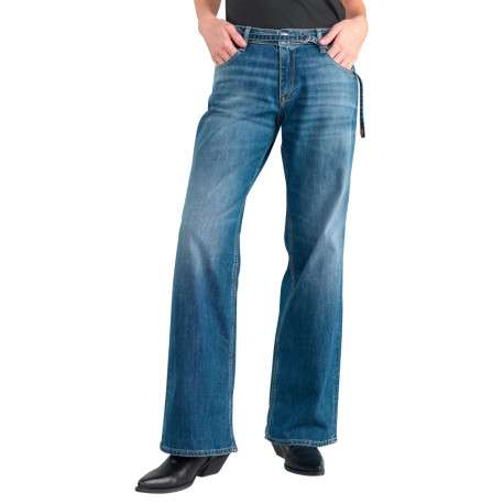 Jean en coton bleu stone uni avec une coupe large et une ceinture à la taille - Image 3