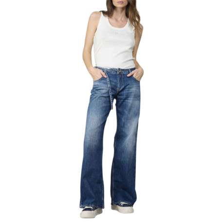 Jean en coton bleu stone uni avec une coupe large et une ceinture à la taille - Image 4