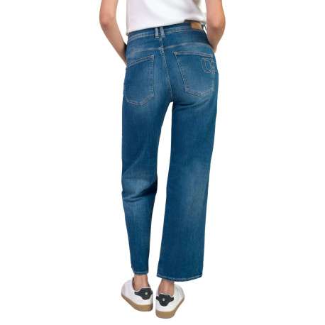 Jean en coton bleu légèrement délavé avec une coupe flare et une taille mi-haute - Image 2