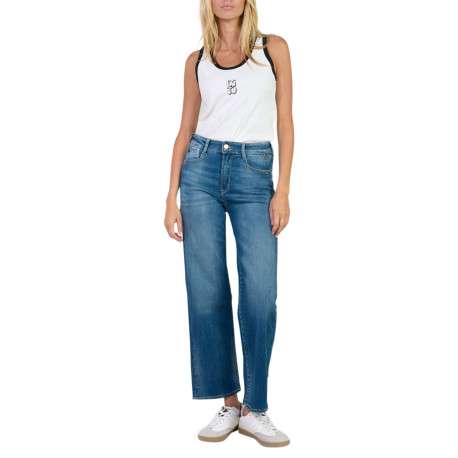 Jean en coton bleu légèrement délavé avec une coupe flare et une taille mi-haute - Image 3