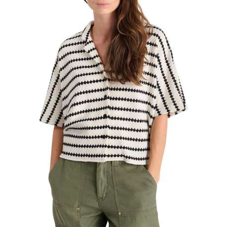 Chemisier en coton mélangé écru rayé avec une coupe oversize et un col cubain