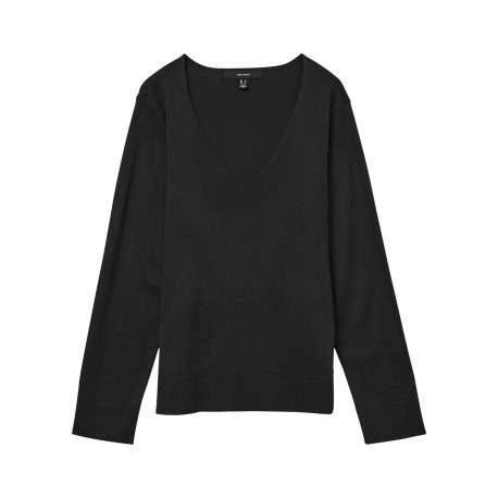 Pull noir uni à coupe droite, col v et à manches longues basique