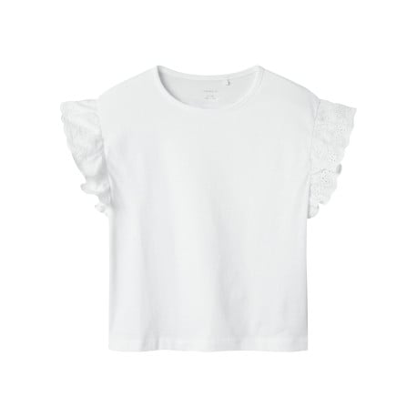 T-shirt en coton blanc uni à coupe droite avec des manches en dentelle