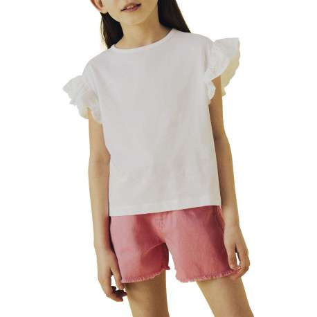T-shirt en coton blanc uni à coupe droite avec des manches en dentelle - Image 3