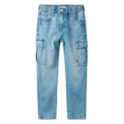Cargo en coton bleu stone uni avec une coupe slim et une taille mi-haute