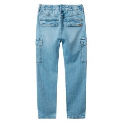 Cargo en coton bleu stone uni avec une coupe slim et une taille mi-haute