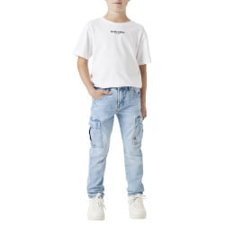Cargo en coton bleu stone uni avec une coupe slim et une taille mi-haute
