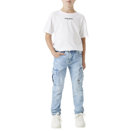 Cargo en coton bleu stone uni avec une coupe slim et une taille mi-haute - Image 4
