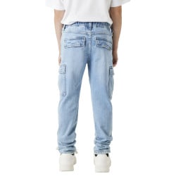 Cargo en coton bleu stone uni avec une coupe slim et une taille mi-haute