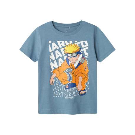 T-shirt en coton bleu chiné imprimé à l'avant avec une coupe droite