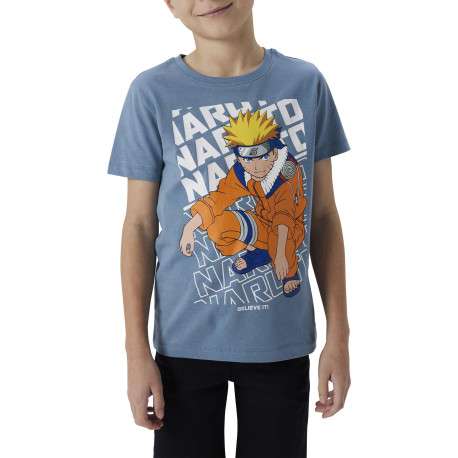 T-shirt en coton bleu chiné imprimé à l'avant avec une coupe droite - Image 4