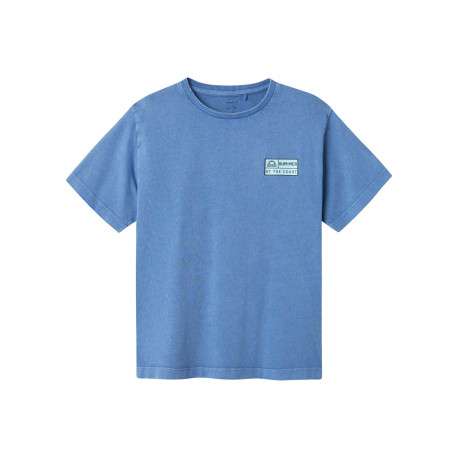 T-shirt en coton biologique bleu effet légèrement délavé avec un col rond