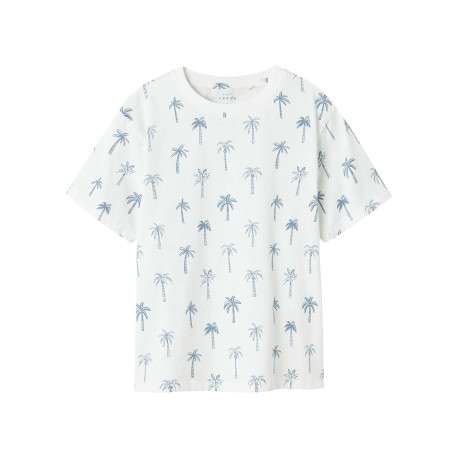 T-shirt en coton biologique blanc avec des palmiers imprimés et un col rond