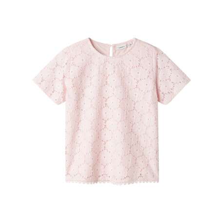 T-shirt en coton mélangé rose uni en dentelle à fleurs avec un col rond