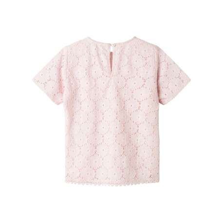 T-shirt en coton mélangé rose uni en dentelle à fleurs avec un col rond - Image 2