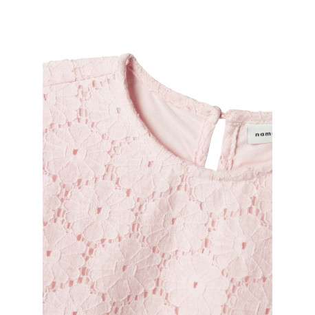 T-shirt en coton mélangé rose uni en dentelle à fleurs avec un col rond - Image 3