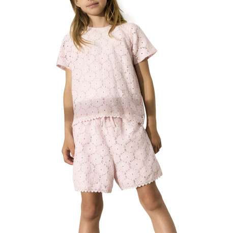 T-shirt en coton mélangé rose uni en dentelle à fleurs avec un col rond - Image 4
