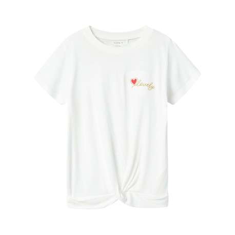 T-shirt blanc uni brodé à la poitrine et croisé sur le bas avec une coupe droite