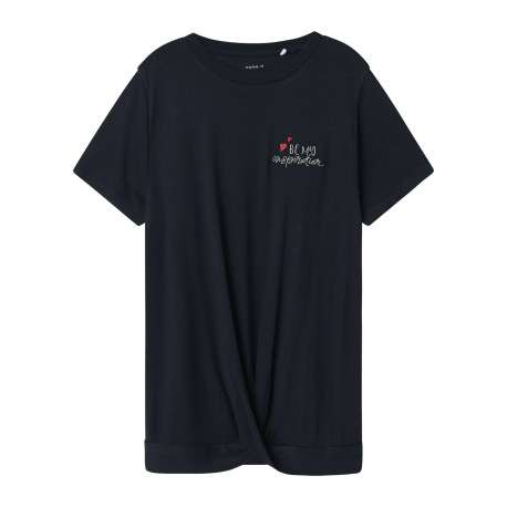 T-shirt bleu marine uni brodé à la poitrine et croisé sur le bas à coupe droite