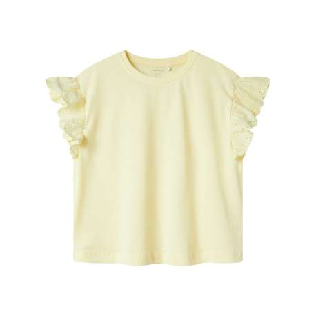 T-shirt en coton biologique jaune uni avec des manches à volants et un col rond